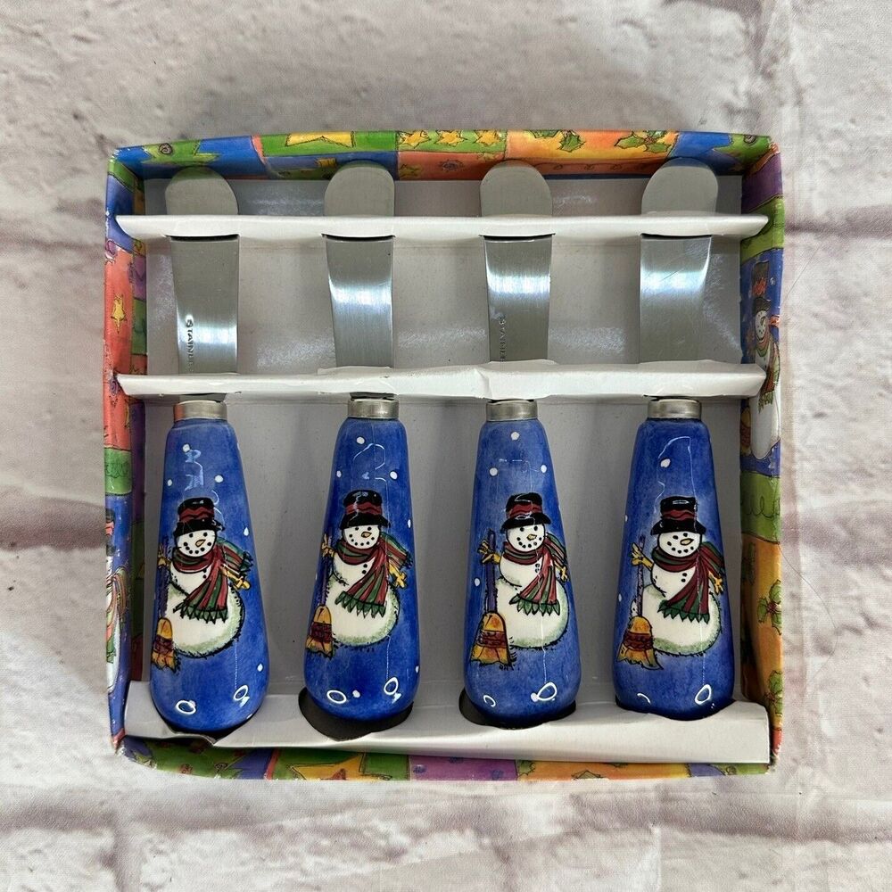 Sango Sue Zipkin Christmas Cheese Spreader Knife Snowman Vintage 4 Knives Set